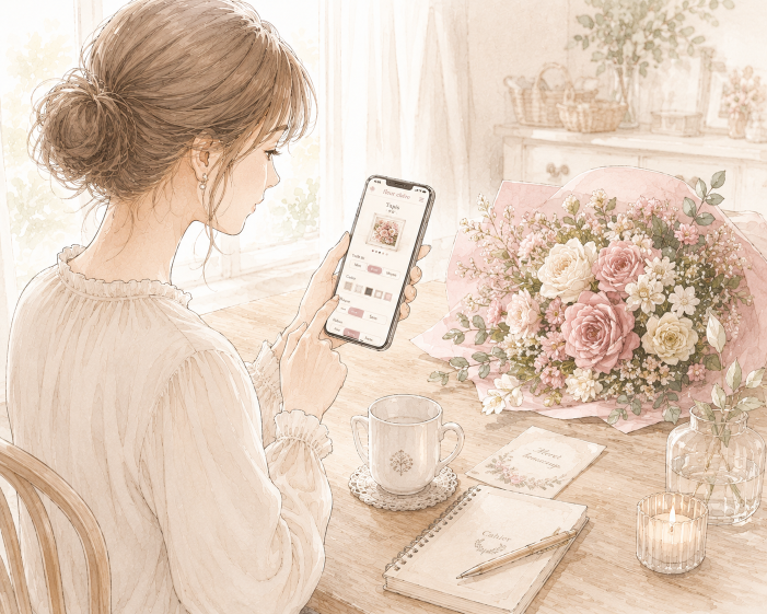 スマートフォンで商品を選ぶ様子